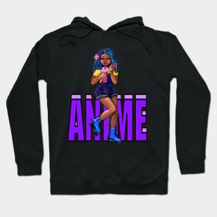 Cute Kawaii black Girl with bubble tea, African American, Black cartoon, purple text anime, game character girl Hoodie